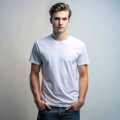 Obraz premium Young Man in Colored T-Shirt Mockup with Space for Custom Design