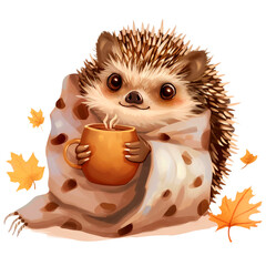 autumn hedgehog with cup of cacao