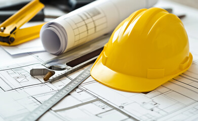 A yellow construction helmet placed on architectural blueprints, alongside rulers, representing planning, construction, and engineering work.