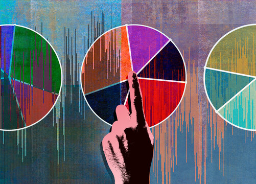 Finger pointing to pie chart data