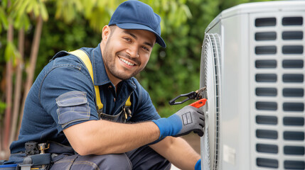 Professional air conditioning technician repairing, cleaning, or installing an air conditioner or heat pump outdoors. HVAC repair, installing an AC, cooling system maintenance.