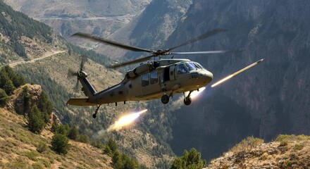 A military helicopter engaging in a close air support mission over rugged mountain terrain, firing missiles at targets below while navigating through narrow valleys and steep cliffs.
