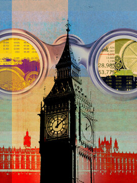 Finance data in lenses of binoculars over Westminster parliament