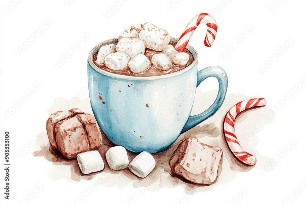 Wall mural Hot Cocoa and Marshmallows: Watercolor stickers depicting