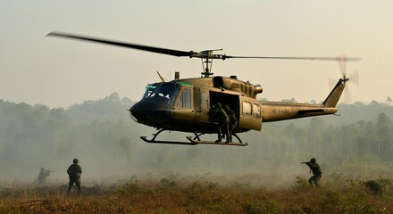A military helicopter landing in a clearing in the Vietnamese jungle during a humid afternoon, with soldiers quickly jumping out and securing the perimeter.
