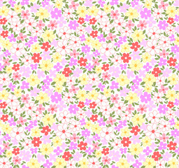Beautiful floral pattern in small abstract flowers. Small light pink and yellow flowers. White background. Ditsy print. Floral seamless background. Vintage template for fashion prints. Stock pattern.