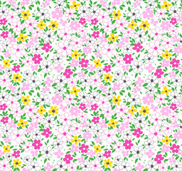 Floral pattern. Cute flowers on white background. Printing with small yellow, pink and white flowers. Ditsy print. Seamless vector texture. Spring bouquet.