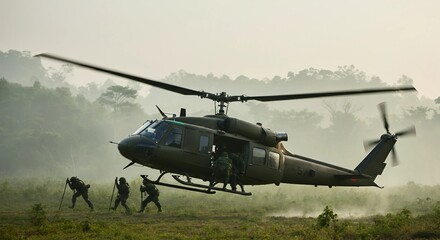 A military helicopter hovering above a dense Vietnamese jungle in heavy rain, with soldiers rappelling down into the thick greenery below.
