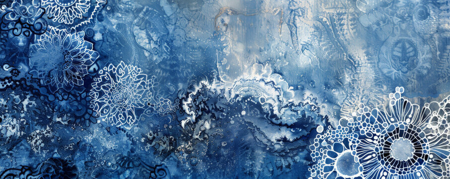 A rich cobalt background with intricate, lace-like patterns in shades of blue and white, adding a delicate and feminine touch to the abstract design.