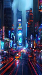 Bustling City Street at Night with Neon Lights. AI generated illustration.