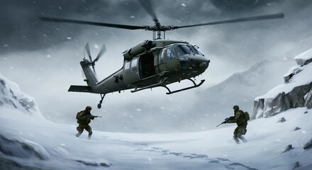 Naklejka premium A military helicopter flies low over a snowy mountain pass during a snowstorm. soldiers disembark into deep snow.