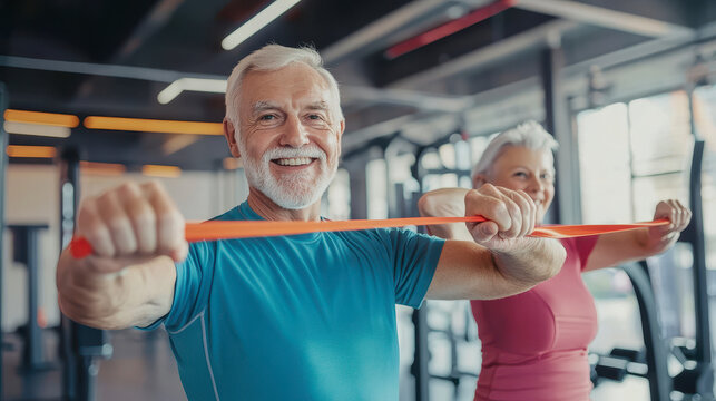 senior man and woman doing sport stretching exercises standing in gym indoor.
