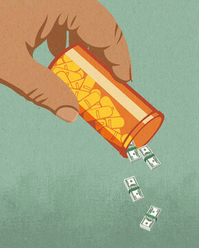 Medicine falling from pill bottle as bundles of money