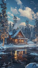 Cozy Log Cabin Surrounded by Crystal Green Pine Trees. AI generated illustration.