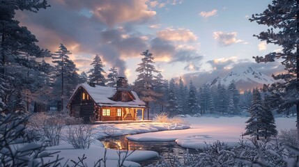 Cozy Log Cabin Surrounded by Crystal Green Pine Trees. AI generated illustration.