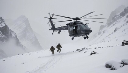 Obraz premium A military helicopter flies low over a snowy mountain pass during a snowstorm. soldiers disembark into deep snow.