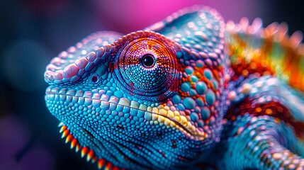 Fototapeta premium A colorful lizard with a blue head and red and yellow spots