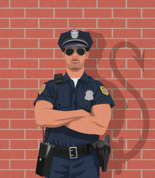 Tough US police officer with devil&rsquo;s tail shadow
