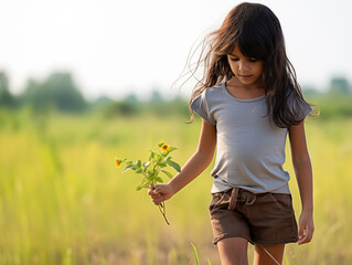 Small Latino or Hispanic child girl of 6-7 years old with dark hair in casual clothes walking alone in field. Summer day, natural daylight, blurred background. Horizontal photo of real life.