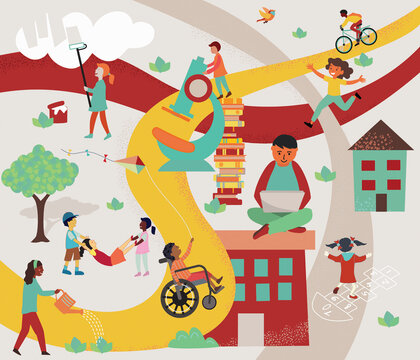 Young school children having fun learning and playing