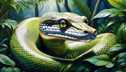 illustration of Green Anaconda in a rainforest