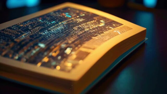 The video is of a closed book with a shiny, glittery cover. The book is lying flat on a dark surface. The book's cover is illuminated with a golden glow.
