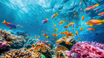 A vibrant coral reef teeming with colorful fish and marine life, viewed from beneath the clear blue water. © Chatchanan