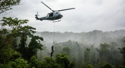 A military helicopter hovering above a dense Vietnamese jungle in heavy rain, with soldiers rappelling down into the thick greenery below.
