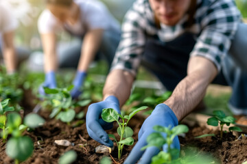 Naklejka premium Group of People Planting Seedlings in a Garden with Focus on Hands and Plants in the Foreground