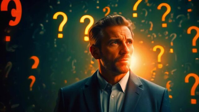 A man in a suit is looking up with a concerned expression. Many question marks are floating around him, some in a bright orange color.