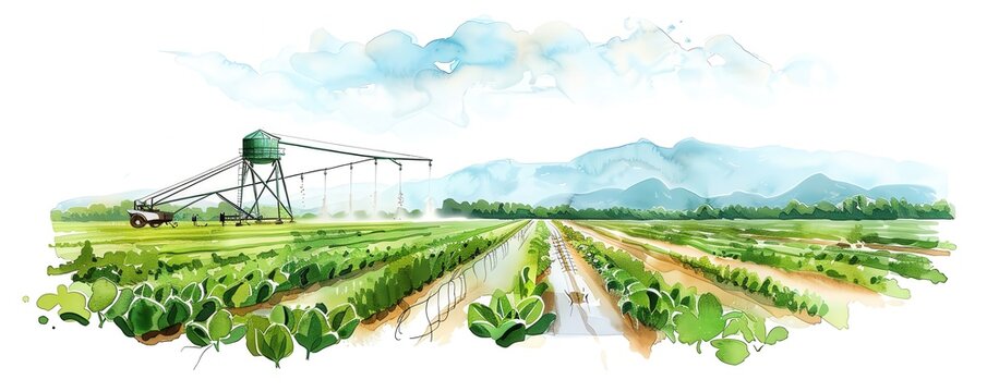 Irrigation system, green fields, modern agriculture, Watercolor style