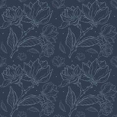 Floral Pattern With Fine Line Drawing on Dark Blue Background