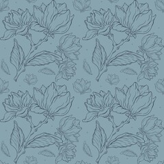 Floral Pattern Design With Blue Background Featuring Various Flowers and Leaves