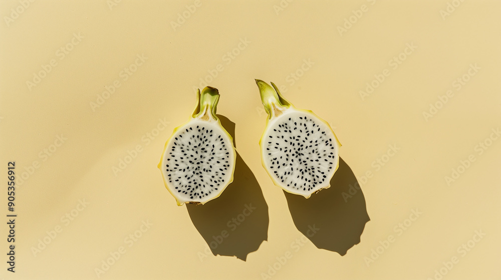 Wall mural two dragonfruit halves on yellow background