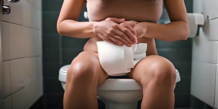 Woman Suffering from Diarrhea and Stomachache on Toilet