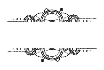 Black frame made of clock-face, different gears, cogwheels and chains on a white background with place for text. Vintage horizontal border. Steampunk. Vector design template for banner, poster, label