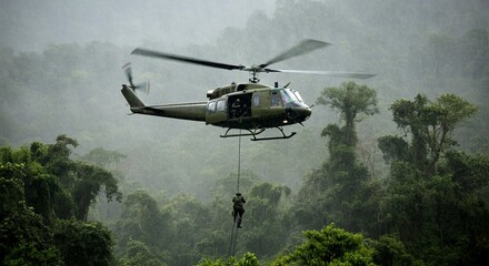 A military helicopter hovering above a dense Vietnamese jungle in heavy rain, with soldiers rappelling down into the thick greenery below.
