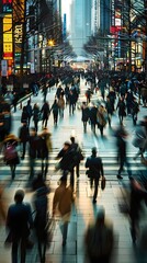 Obraz premium Urban Crowd Movement City Streets People Walking Evening Lights. AI Generated