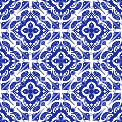 Blue Ornamental Pattern With Floral and Geometric Design on White Background