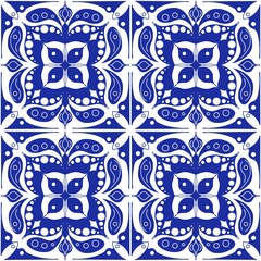 Intricate Blue and White Floral Tile Design Featuring Repeating Patterns