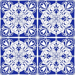 Decorative Blue and White Floral Tile Pattern Featured on Four Squares