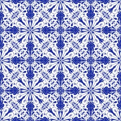 Fototapeta premium Blue and White Geometric Floral Pattern With Intricate Designs and Symmetry