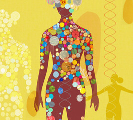 Double helix and lots of colourful circles inside female body