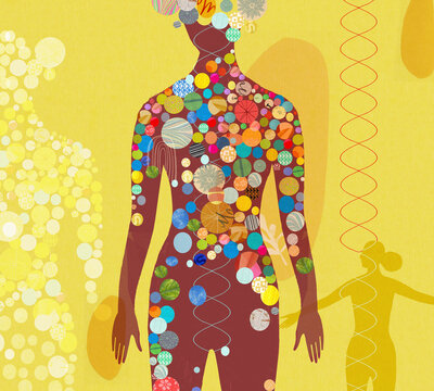 Double helix and lots of colourful circles inside female body