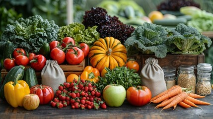 Freshly Harvested Vegetables and Fruits Displayed at a Farmers Market in Autumn. Generative AI