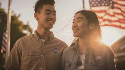 A young couple smiling and looking at each other, with "I Voted" stickers and the American flag in the background, symbolizing togetherness and civic duty.