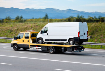 Naklejka premium Road Assistance Tow-Truck With Out-Of-Order Commercial Cargo Bus On Flatbed