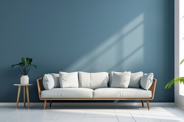 Sofa against a blue wall Scandinavian home interior design of a modern living room