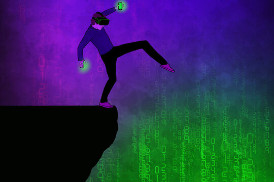Man wearing virtual reality headset stepping off cliff