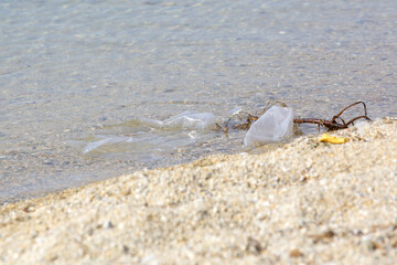 A plastic bottle in the ocean. Plastic pollution concept. Single-use plastic is a human addiction that is destroying our planet and impacts our waters, sea life and humans.